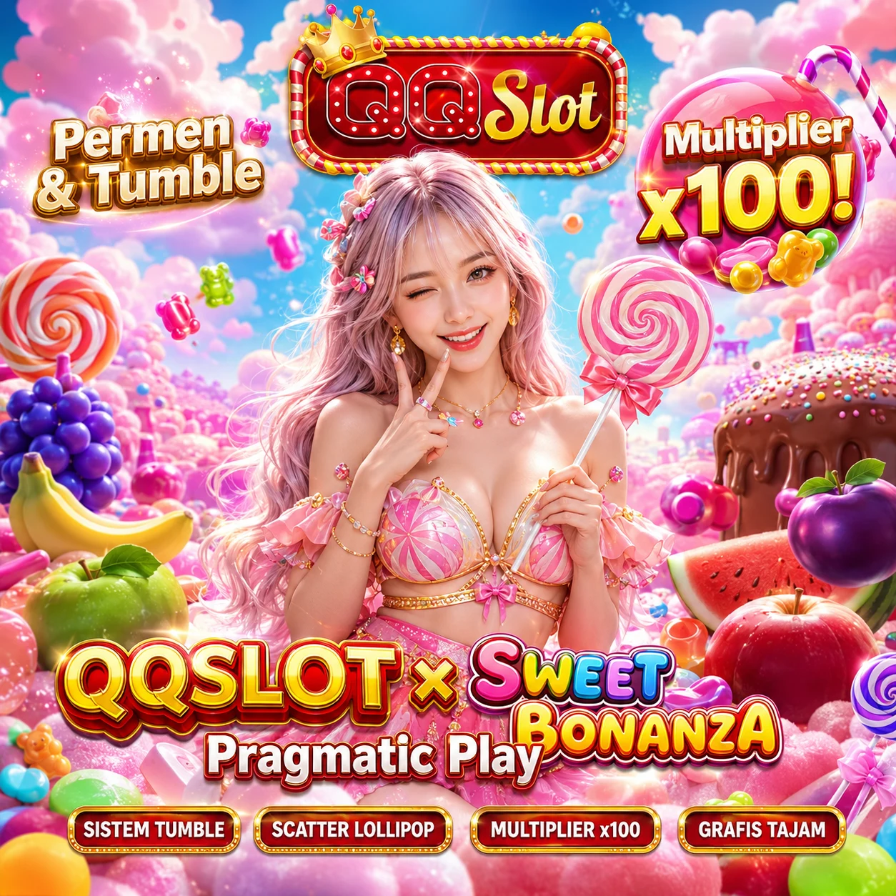 QQSLOT × Sweet Bonanza Pragmatic Play — Permen, Tumble & Multiplier x100